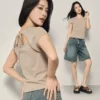 Korea Collection Women's Tie-Back Cut-Out Short Sleeve Tee