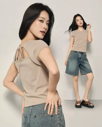 giordano-2074-8582464-1 Korea Collection Women's Tie-Back Cut-Out Short Sleeve Tee