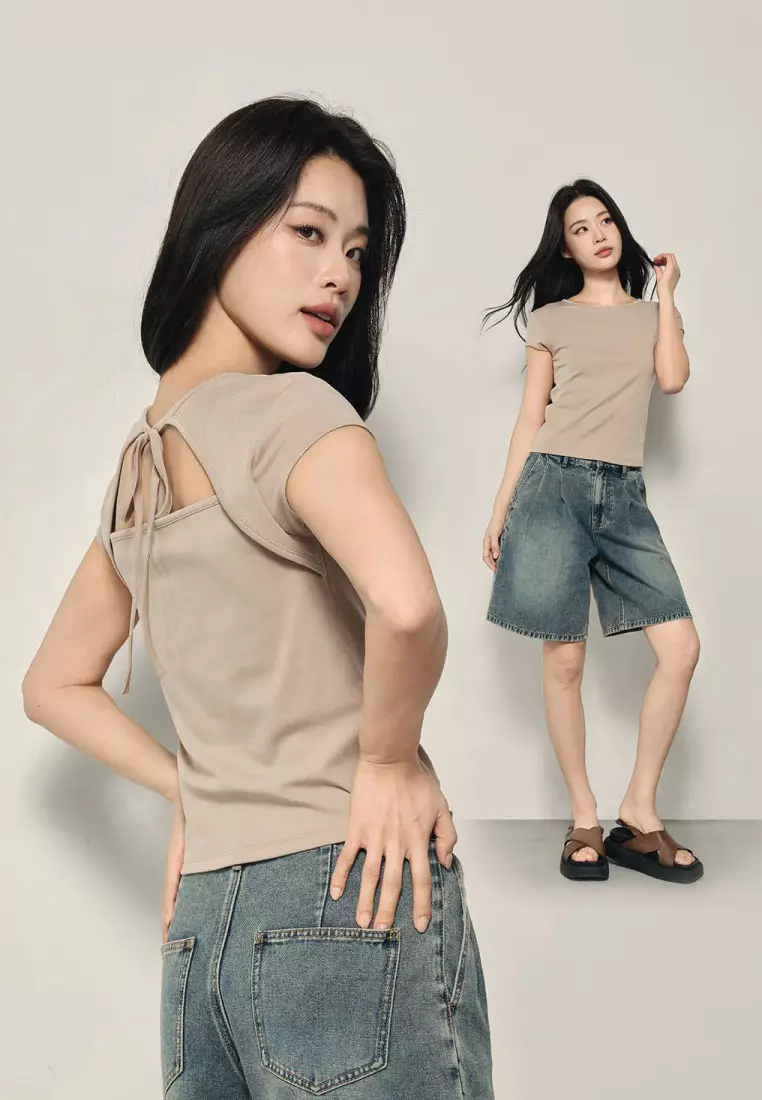 Korea Collection Women's Tie-Back Cut-Out Short Sleeve Tee