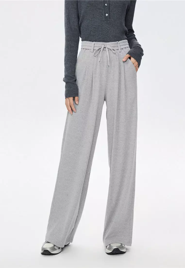giordano-2749-1657154-1 Women's Ribbed Knit Drawstring Pleated Wide Leg Pants