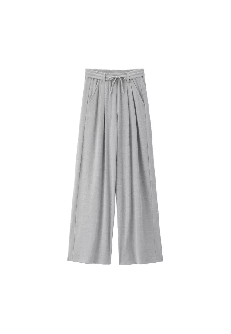 giordano-2749-1657154-2 Women's Ribbed Knit Drawstring Pleated Wide Leg Pants