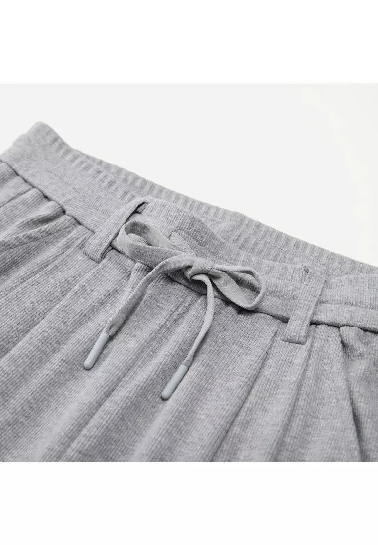 giordano-2750-1657154-4 Women's Ribbed Knit Drawstring Pleated Wide Leg Pants