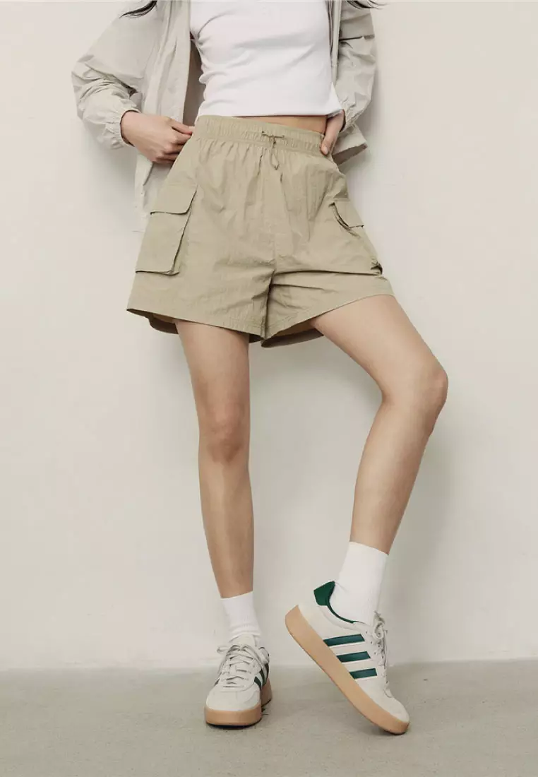 Korea Collection Women's Nylon Cargo Pockets Elastic Waist Shorts