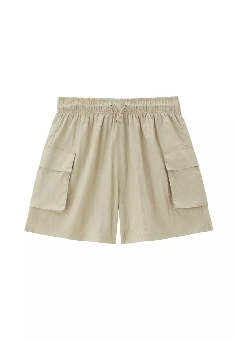 Korea Collection Women's Nylon Cargo Pockets Elastic Waist Shorts