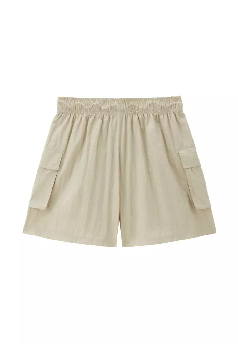 Korea Collection Women's Nylon Cargo Pockets Elastic Waist Shorts