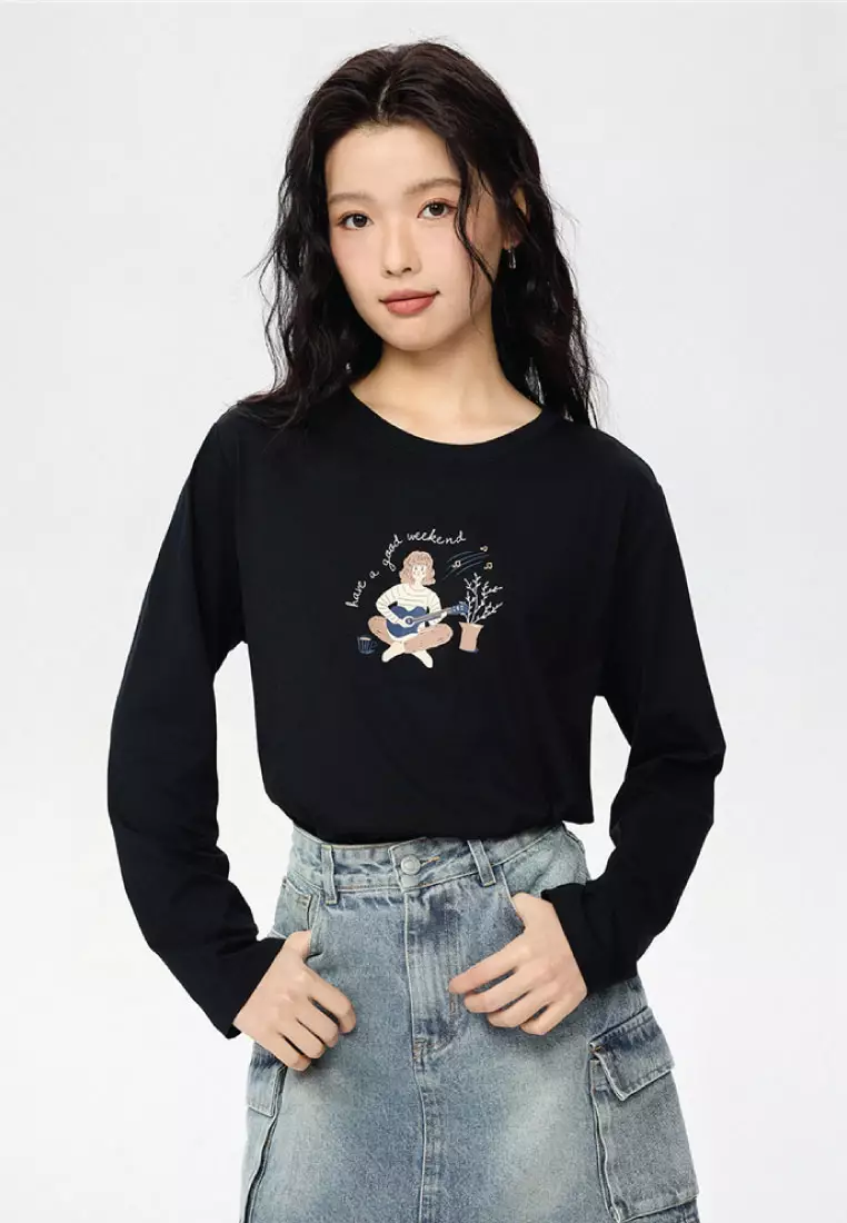 giordano-6913-2577554-1 Women's Cotton Long Sleeve Print Tee