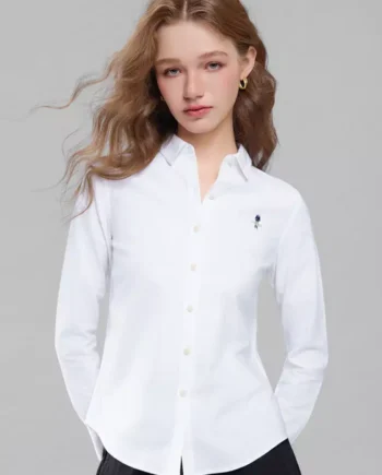 giordano-8732-6543854-1 Women's Stretchy Oxford Slim Embroidery Long Sleeve Shirt