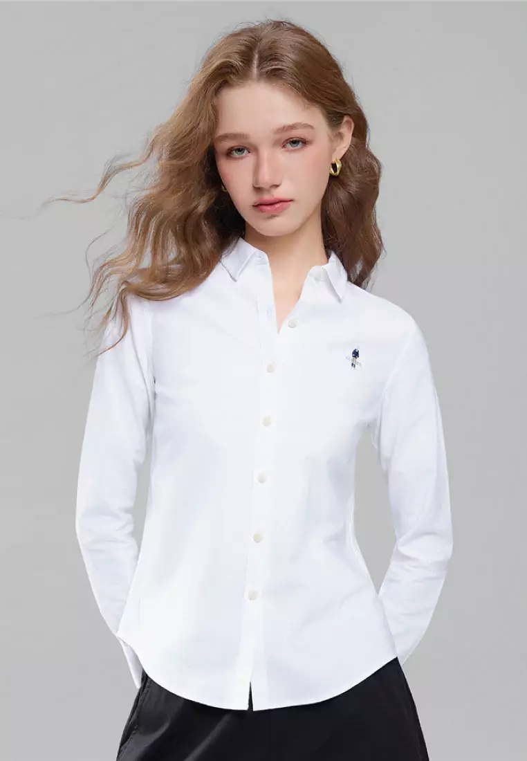 Women's Stretchy Oxford Slim Embroidery Long Sleeve Shirt