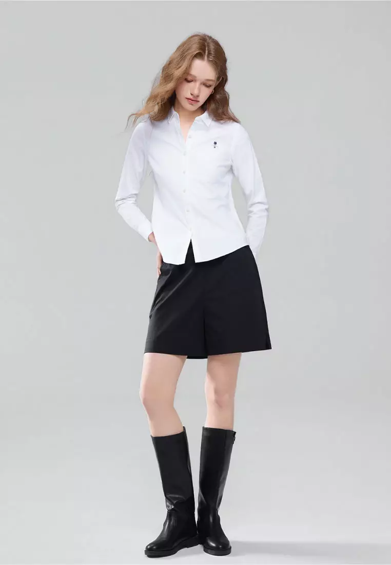 Women's Stretchy Oxford Slim Embroidery Long Sleeve Shirt