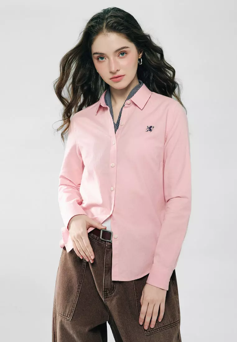 Women's Cotton Oxford Slim Embroidery Long Sleeve Shirt
