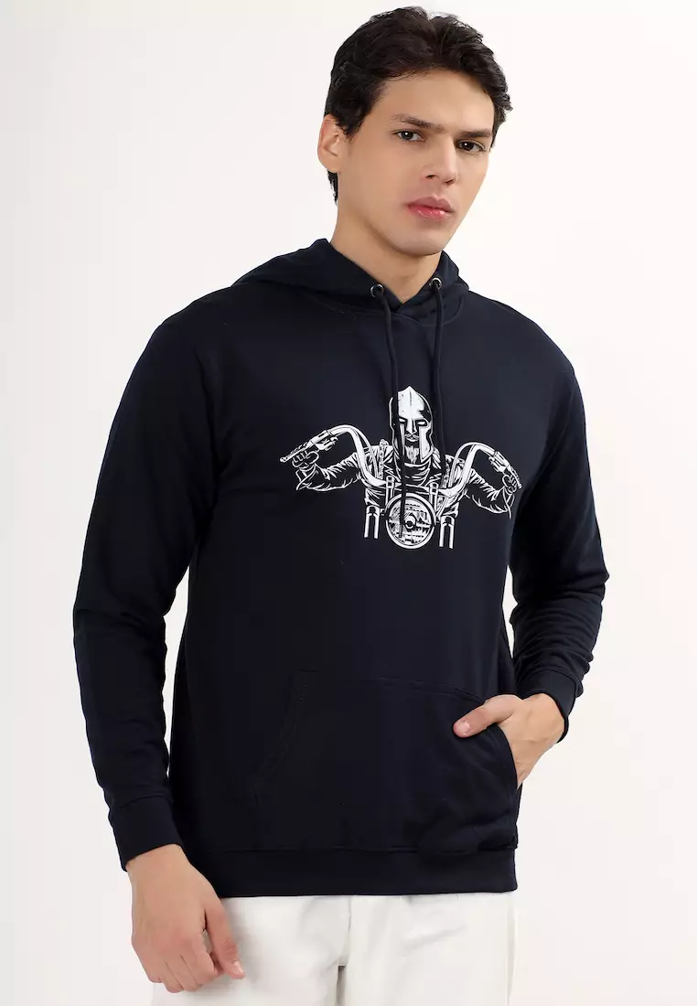 Mens Biker Print Rubber Print Cotton Relaxed Fit Hoodie