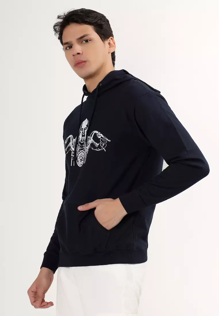 Mens Biker Print Rubber Print Cotton Relaxed Fit Hoodie