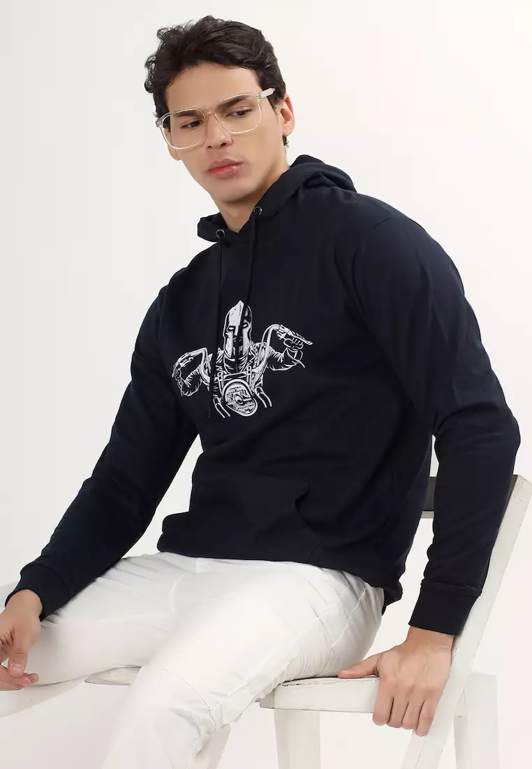 Mens Biker Print Rubber Print Cotton Relaxed Fit Hoodie