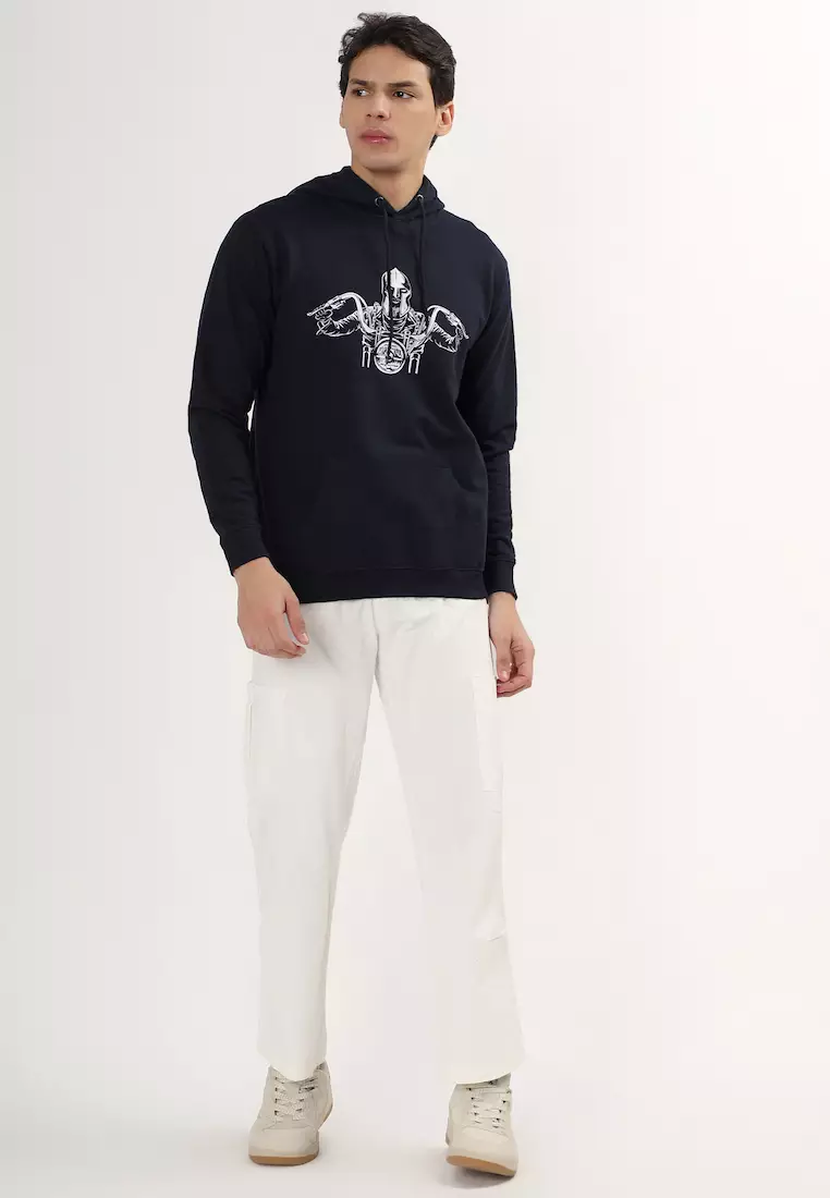 Mens Biker Print Rubber Print Cotton Relaxed Fit Hoodie