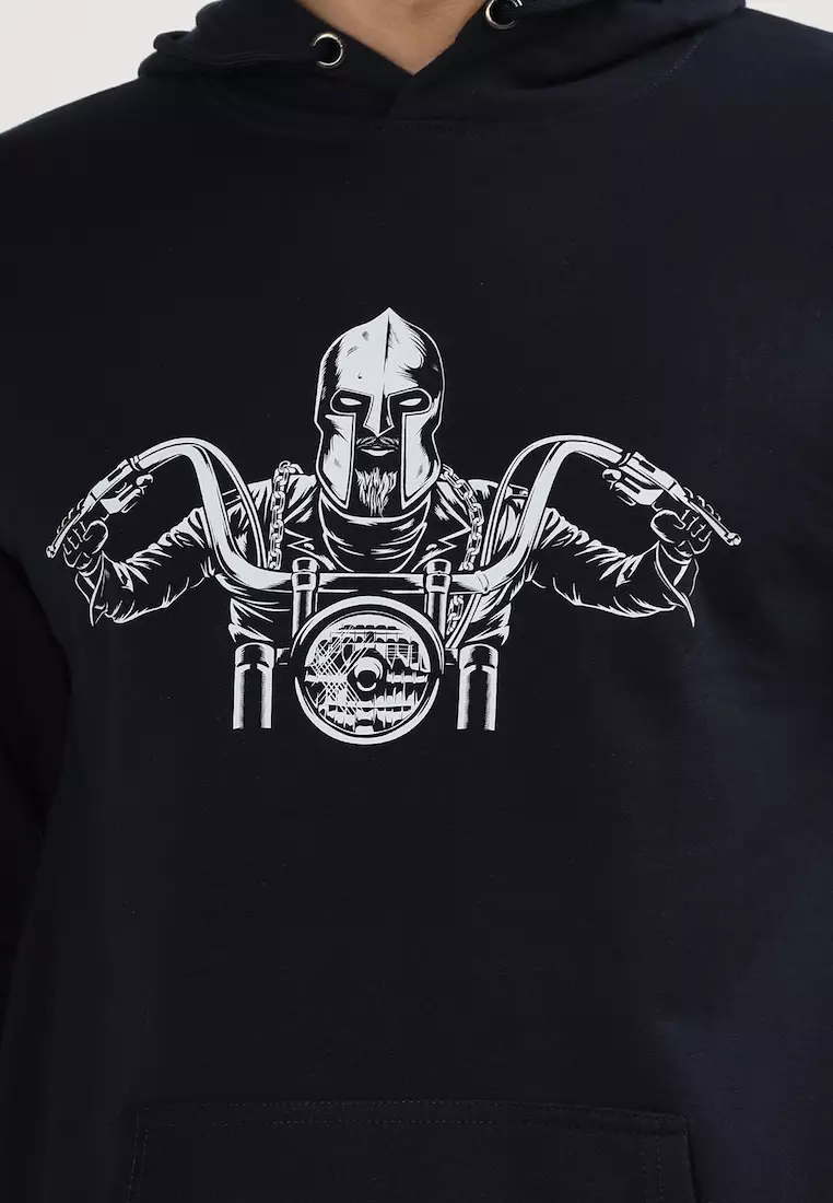 Mens Biker Print Rubber Print Cotton Relaxed Fit Hoodie