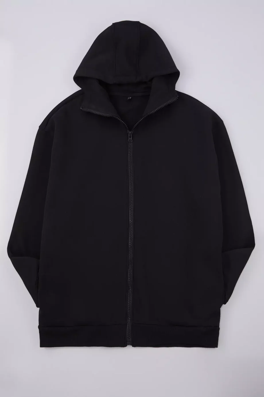 Black Oversize Zippered Hooded Cotton Sweatshirt