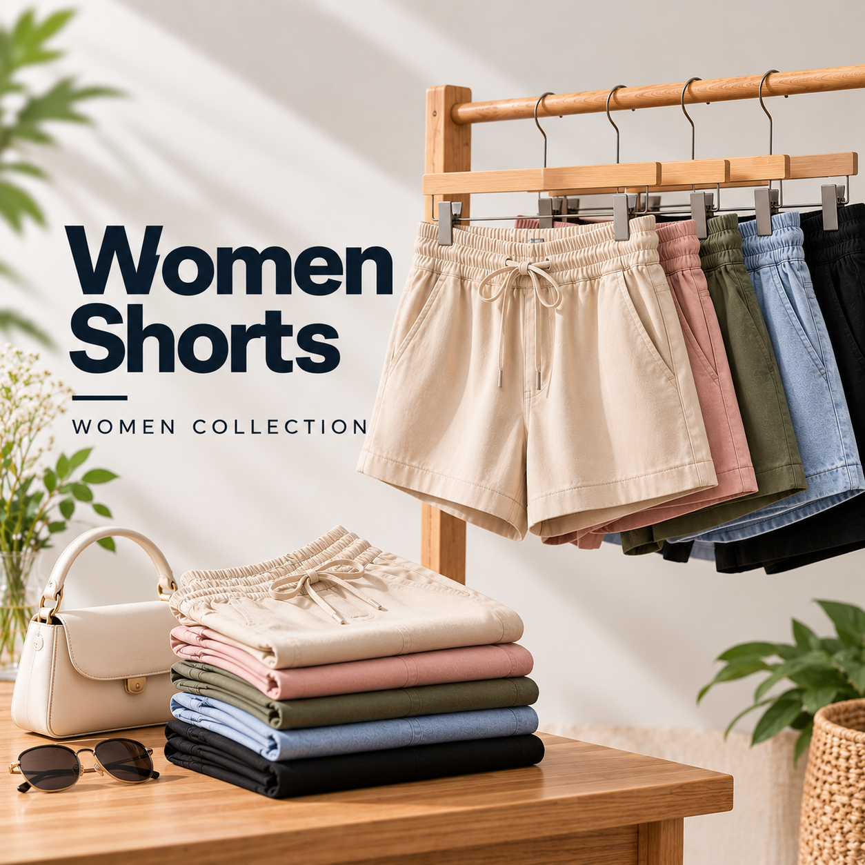 Korea Collection Women's Nylon Cargo Pockets Elastic Waist Shorts